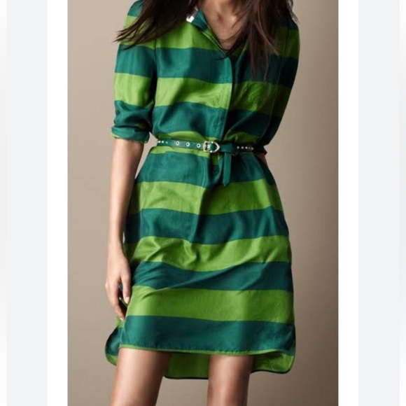 Burberry Women’s Silk Shirt Dress Size 4 Green Striped with Pockets No Belt - Picture 1 of 7